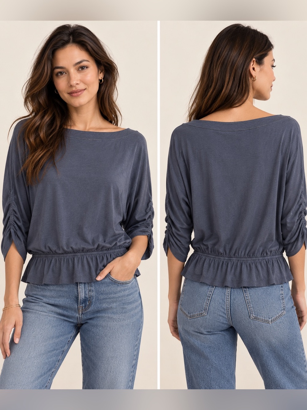 Soft Joie Slate Blue Peplum Ruched-Sleeve Tunic XS
